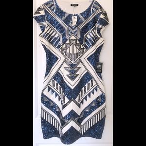 EXPRESS white, sequined (blue and black) mini party dress